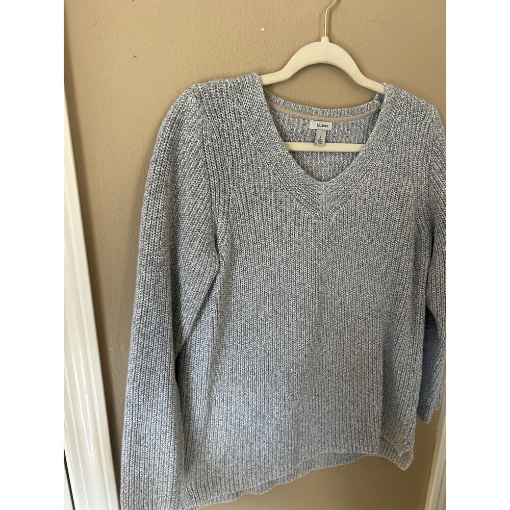 Vtg LL Bean Cotton Knit Ribbed Knit Sweater Pullover Womens Size L Gray V Neck